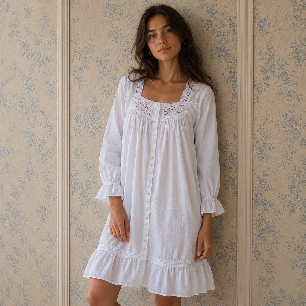 Eileen West Heirloom White Cotton Lawn Lace Button Front Nightgown Sz S